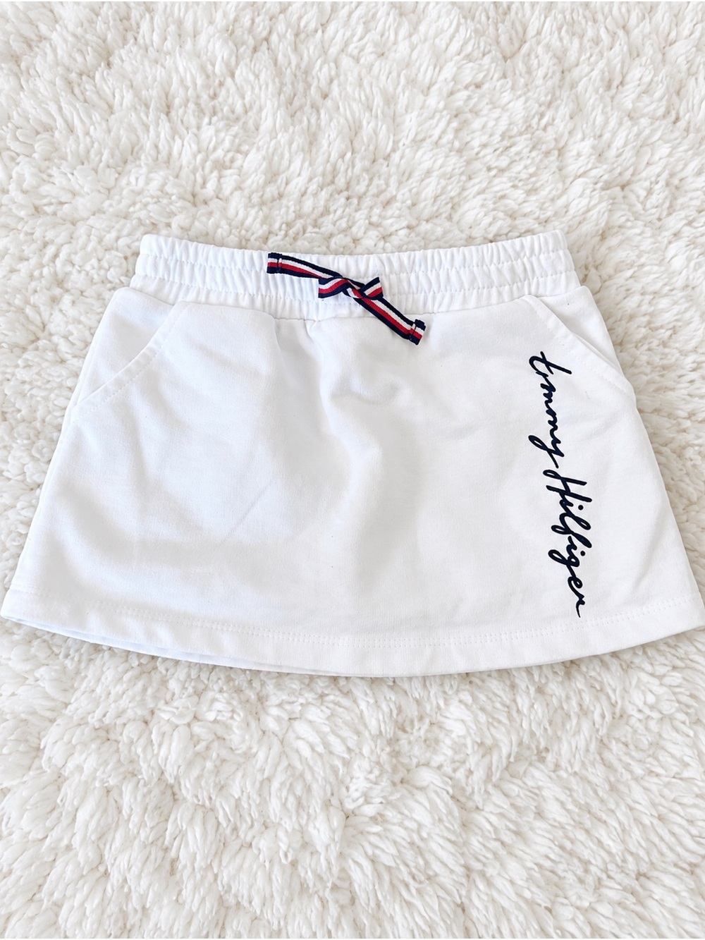 Tommy Hilfiger White Skirt with Navy Script and Red-Blue Drawstring